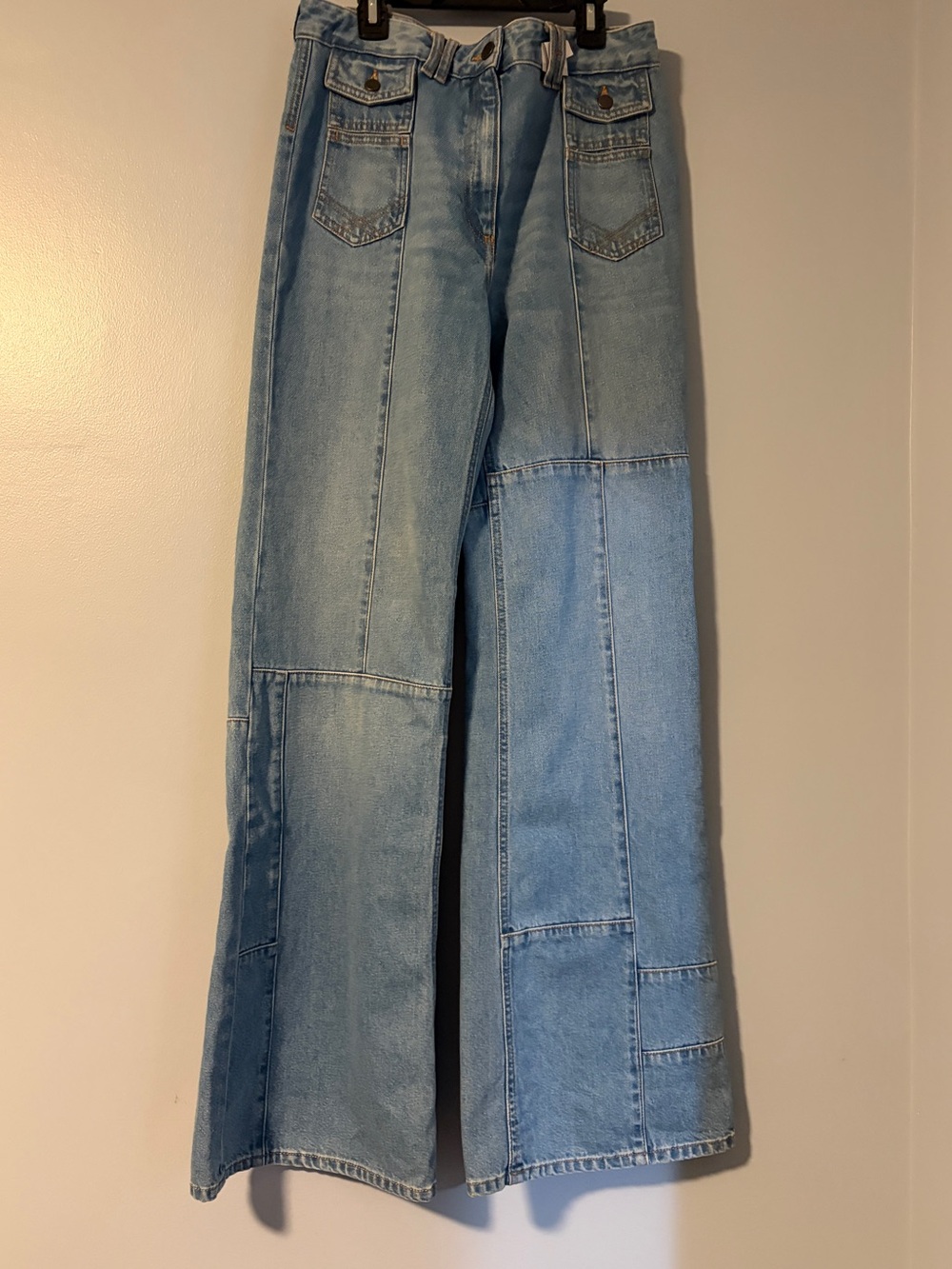 Gerard Darel Two-Tone Light Blue Patchwork Wide-Leg Jeans